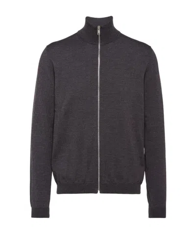 Prada Zipped Turtle Neck Cardigan In Coal Gray