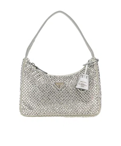 Prada Zippered Shoulder Bag In Silver
