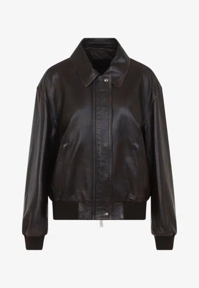 Prada Zip-up Leather Jacket In Brown
