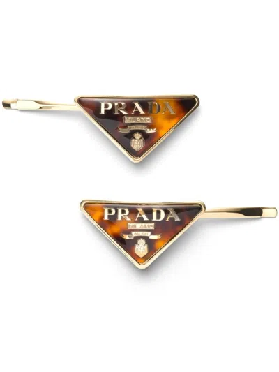 Prada Womens Neutral Logo-plaque Gold-toned Metal Hair Clips Set Of Two