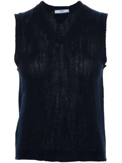 Prada V-neck Cashmere Waistcoat In Blue