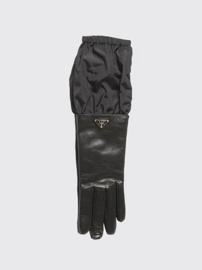 Prada L Eather And Nylon Gloves With Metal Logo In Black