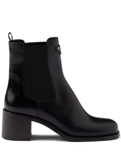Prada Brushed Leather Ankle Boots In Black