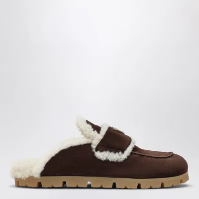 Prada -style Suede Shearling Clog Sabots With Enamel Triangle Logo In Brown
