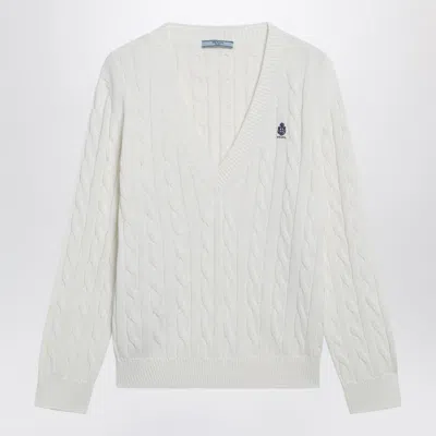 Prada -style White Cable-knit V-neck Jumper In Neutral