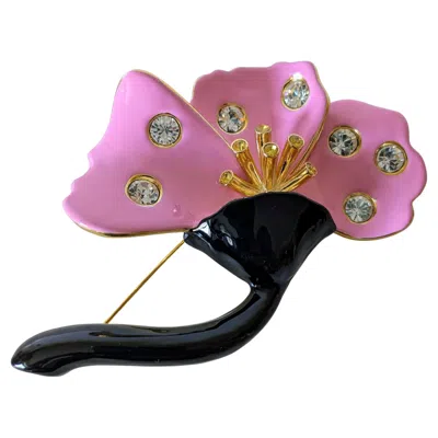 Pre-owned Pradera Black And Pink Flower Brooche In Enamel Paint And Gold Plated Creation