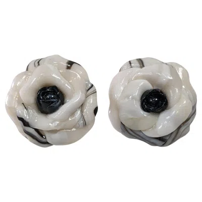 Pre-owned Pradera Black And White Camelia Polymer Earrings With Golplated Silver Closure