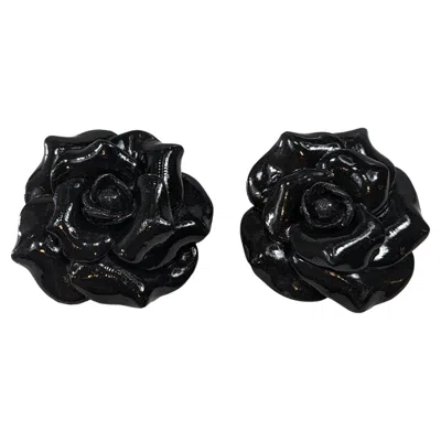 Pre-owned Pradera Black Camelia Polymer Earrings With Golplated Silver Closure