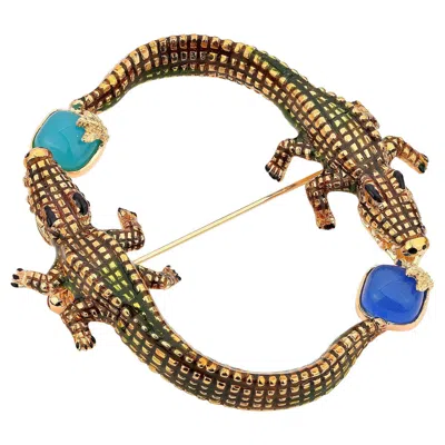 Pre-owned Pradera Crocodile Brooche In Enamel Paint And Gold Plated Creation In Blue Stones