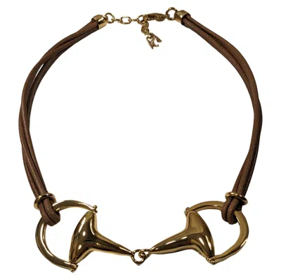 Pre-owned Pradera Horse Bit Maxi Gold-plated And Leather Stirrup Necklace In Multi
