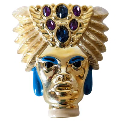 Pre-owned Pradera Moor Of Venice Face Brooche In Enamel Paint And Gold Plated Creation In Multi