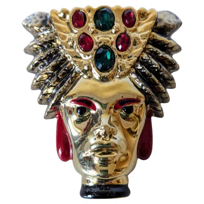 Pre-owned Pradera Moor Of Venice Face Brooche In Enamel Paint And Gold Plated Creation In Multi