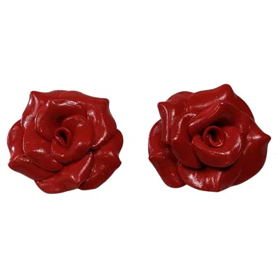 Pre-owned Pradera Red Camelia Polymer Earrings With Golplated Silver Closure