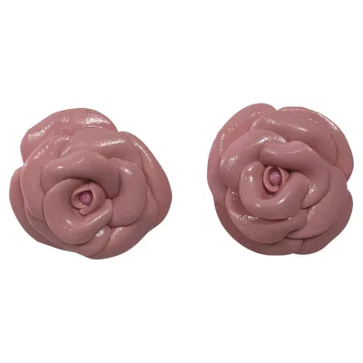 Pre-owned Pradera Rose Camelia Polymer Earrings With Golplated Silver Closure In Red