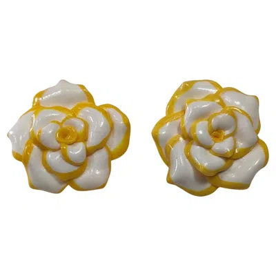 Pre-owned Pradera White And Yellow Camelia Polymer Earrings With Golplated Silver Closure