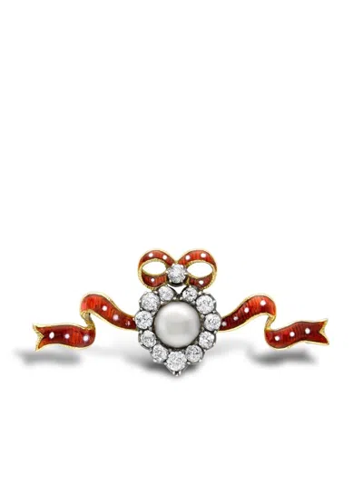 Pre-owned Pragnell Vintage 1891-1900 18kt Yellow Gold Diamond And Pearl Brooch In Red