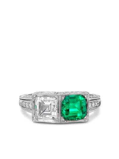 Pre-owned Pragnell Vintage 1911-1940 Platinum Art Deco Diamond Emerald Ring In Silver