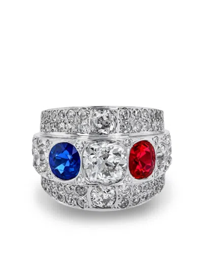 Pre-owned Pragnell Vintage 1930 18kt White Gold Sapphire, Diamond And Ruby Cocktail Ring In Silver