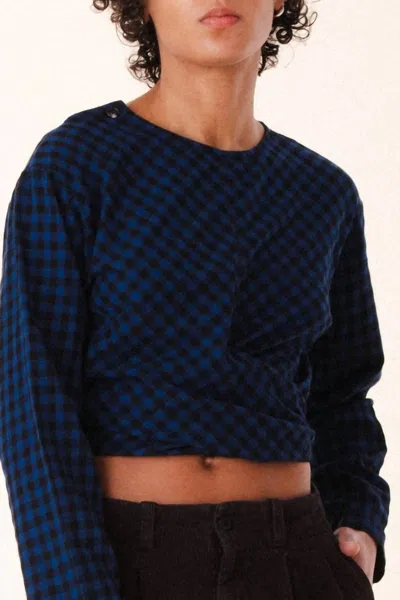 Prairie Underground Twisted Long Sleeve Blouse In Blue Mini Check