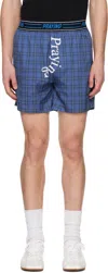 Praying Blue Boxer Swim Shorts In Plaid