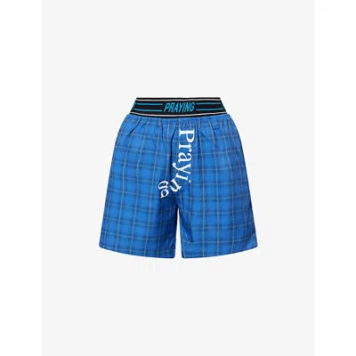 Praying Womens Blue Checked Logo-branded Cotton Boxer Shorts Xs