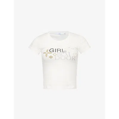 Praying Womens White Girl Next Door Slogan-print Cotton T-shirt