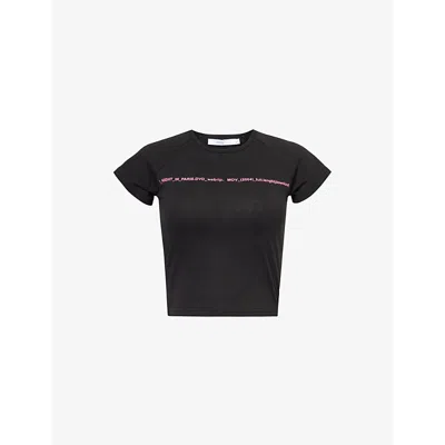 Praying Womens Black Slogan-print Short-sleeve Cropped Cotton T-shirt