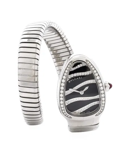 Pre-owned Pre-owned Bvlgari  Bvlgari Serpenti Tubogas Single Spiral Quartz Watch In Stainless Steel With Diamond Bezel  In Dial Color: Black