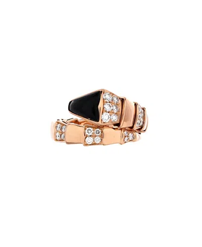 Pre-owned Pre-owned Bvlgari  Bvlgari Wide Serpenti Viper One-coil Ring 18k Rose Gold With Onyx And Semi Pave Diamonds In Pink