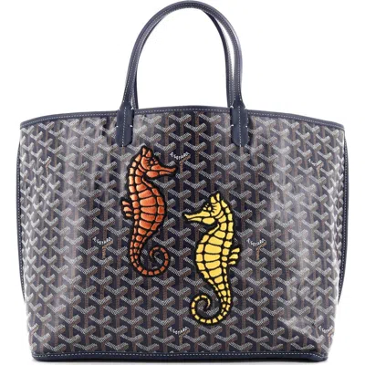 Pre-owned Goyard  Goyard Anjou Reversible Tote Embroidered Coated Canvas Pm In Blue