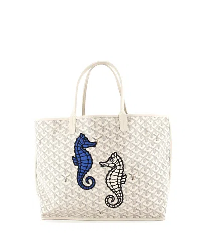 Pre-owned Pre-owned Goyard  Goyard Pm Anjou Reversible Tote Embroidered Coated Canvas In White