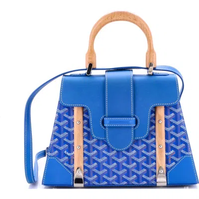Pre-owned Goyard  Goyard Saigon Top Handle Bag Coated Canvas With Leather Pm In Blue