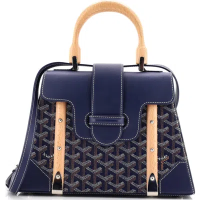 Pre-owned Goyard  Goyard Saigon Top Handle Bag Coated Canvas With Leather Pm In Blue