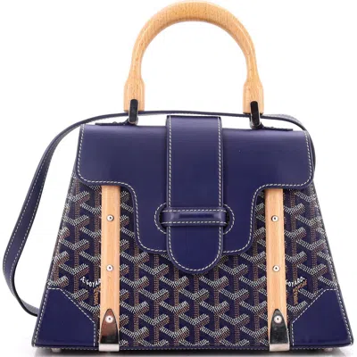 Pre-owned Goyard  Goyard Saigon Top Handle Bag Coated Canvas With Leather Pm In Blue