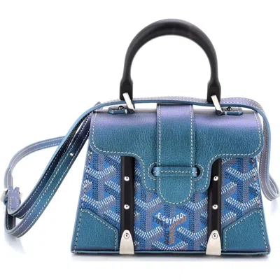 Pre-owned Goyard  Goyard Structured Saigon Top Handle Bag Coated Canvas With Leather Nano In Blue
