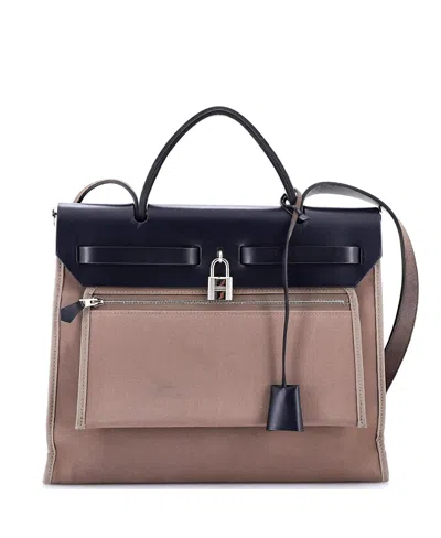 Pre-owned Hermes  Hermes 31 Herbag Zip Leather And Toile In Blue/ Grey
