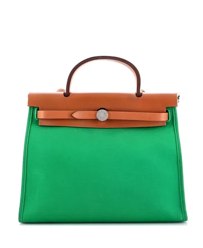 Pre-owned Pre-owned Hermes  Hermes 31 Herbag Zip Leather And Toile In Green/ Brown
