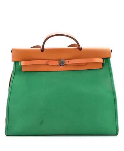Pre-owned Pre-owned Hermes  Hermes 39 Herbag Zip Leather And Toile In Green/ Brown