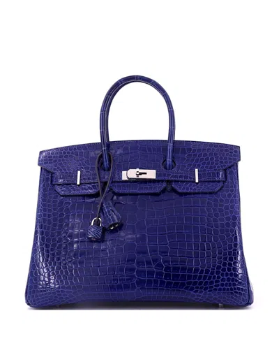 Pre-owned Pre-owned Hermes  Hermes Birkin 35 Handbag Blue Shiny Porosus Crocodile With Palladium Hardware