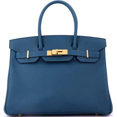 Pre-owned Hermes  Hermes Birkin Handbag Blue Epsom With Gold Hardware 30 In White