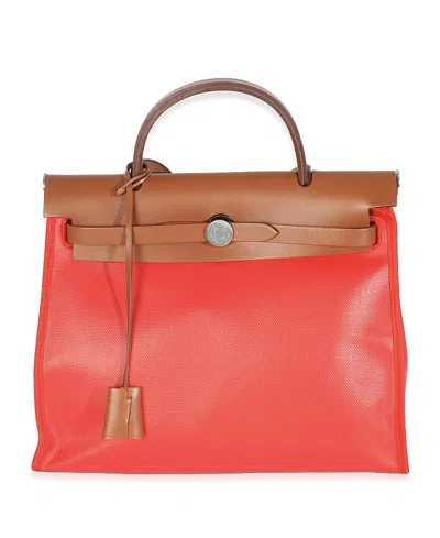 Pre-owned Pre-owned Hermes  Hermes Herbag Zip 31 Pm Leather; Canvas Handbag In Orange