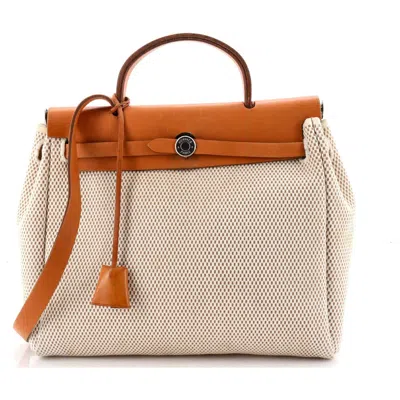 Pre-owned Hermes  Hermes Herbag Zip Criss Viking Toile And Leather 31 In Sand
