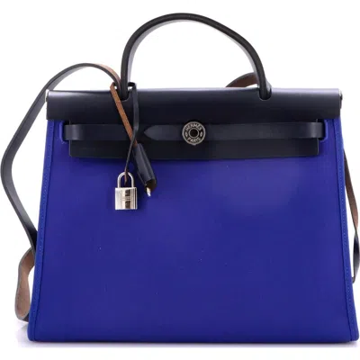 Pre-owned Hermes  Hermes Herbag Zip Leather And Toile 31 In Blue