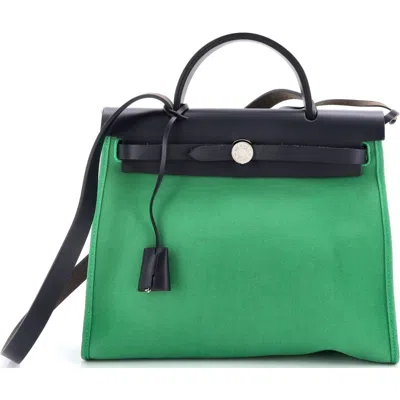 Pre-owned Hermes  Hermes Herbag Zip Leather And Toile 31 In Green