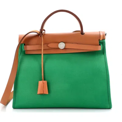 Pre-owned Hermes  Hermes Herbag Zip Leather And Toile 31 In Green