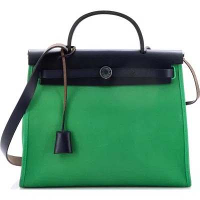 Pre-owned Hermes  Hermes Herbag Zip Leather And Toile 31 In Green