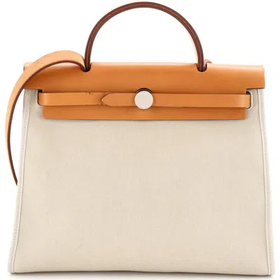 Pre-owned Hermes  Hermes Herbag Zip Leather And Toile 31 In White