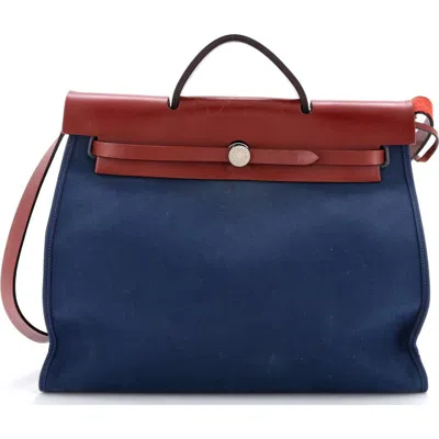 Pre-owned Hermes  Hermes Herbag Zip Leather And Toile 39 In Blue