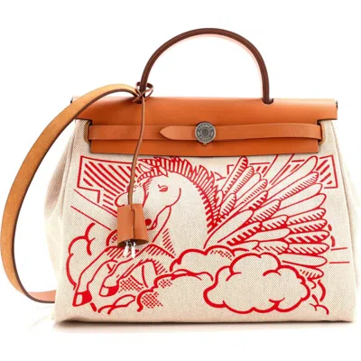 Pre-owned Hermes  Hermes Herbag Zip Pegase Pop Toile And Leather 31 In Gold