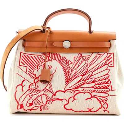 Pre-owned Hermes  Hermes Herbag Zip Pegase Pop Toile And Leather 31 In Gold